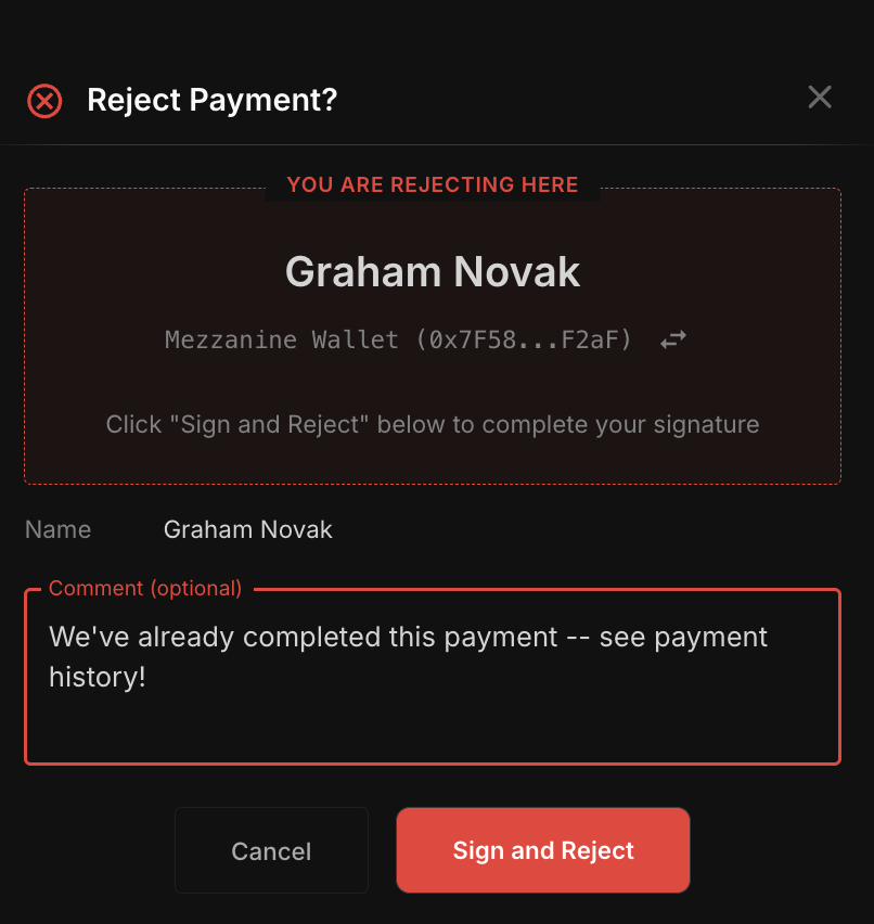 Reject Payment modal with optional comment field for rejection reason